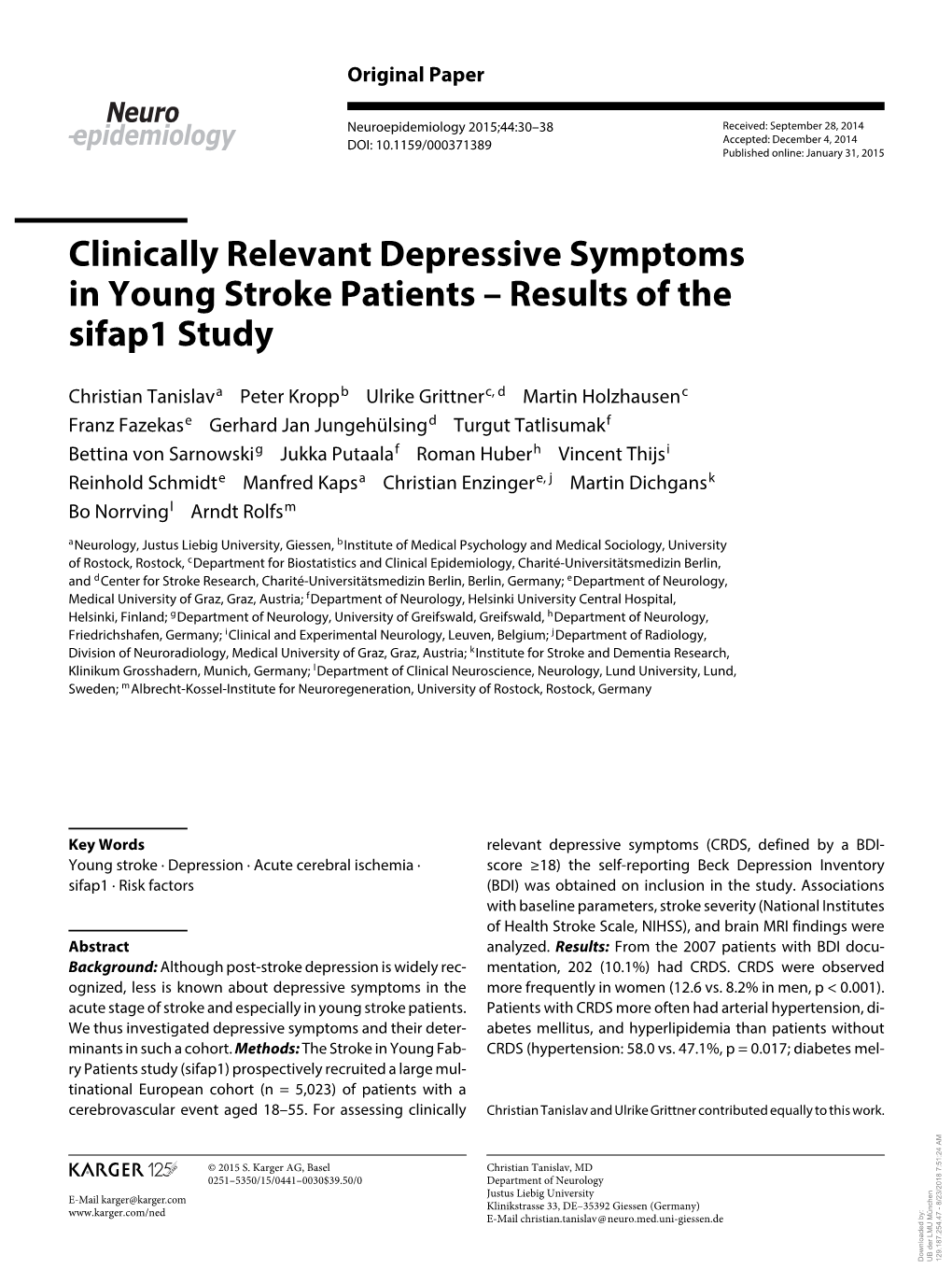 Clinically Relevant Depressive Symptoms in Young Stroke Patients – Results of the Sifap1 Study