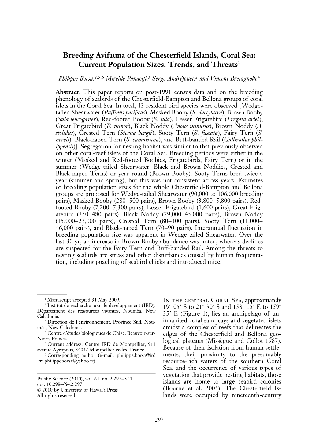 Breeding Avifauna of the Chesterfield Islands, Coral