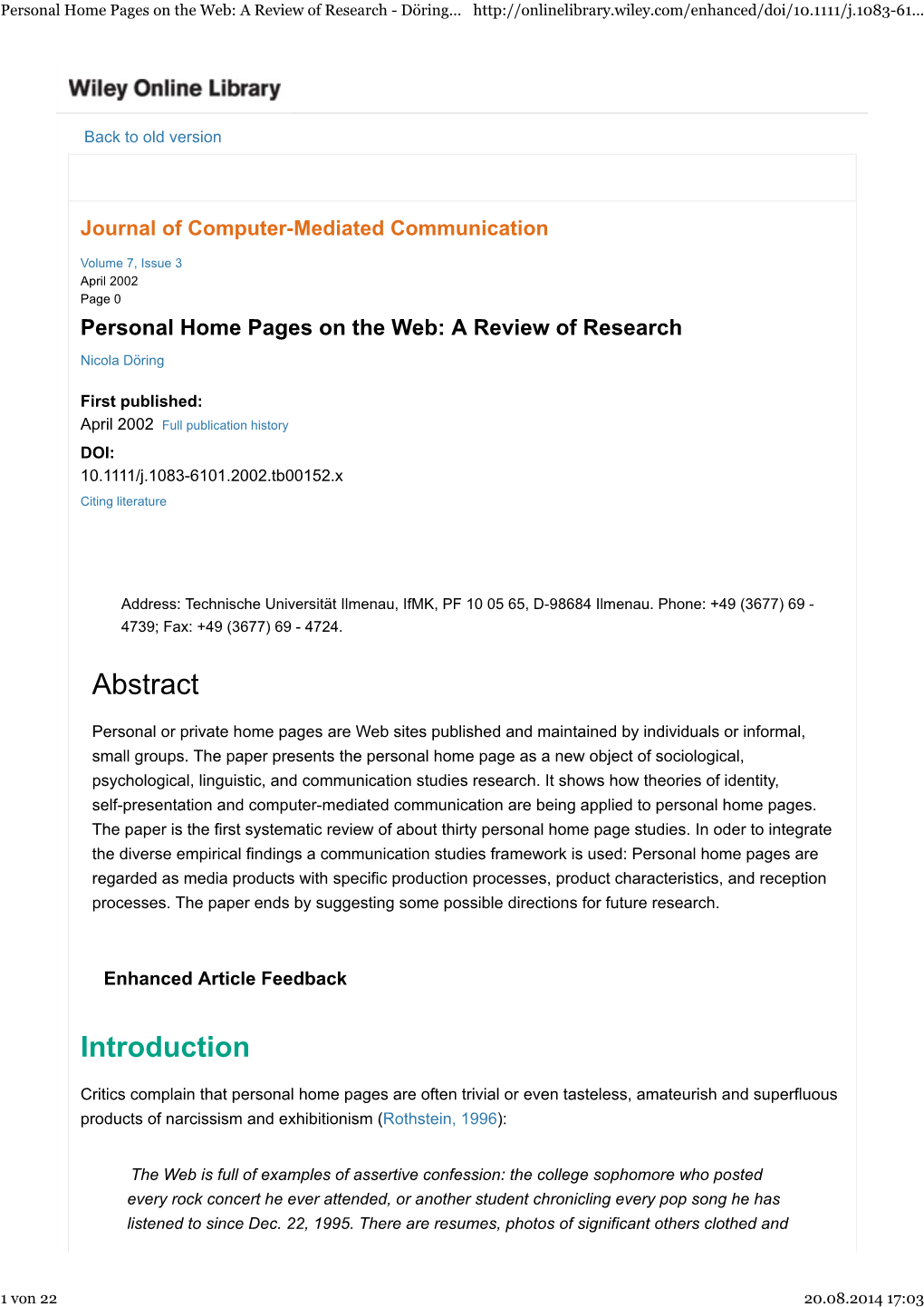 Personal Home Pages on the Web: a Review of Research - Döring