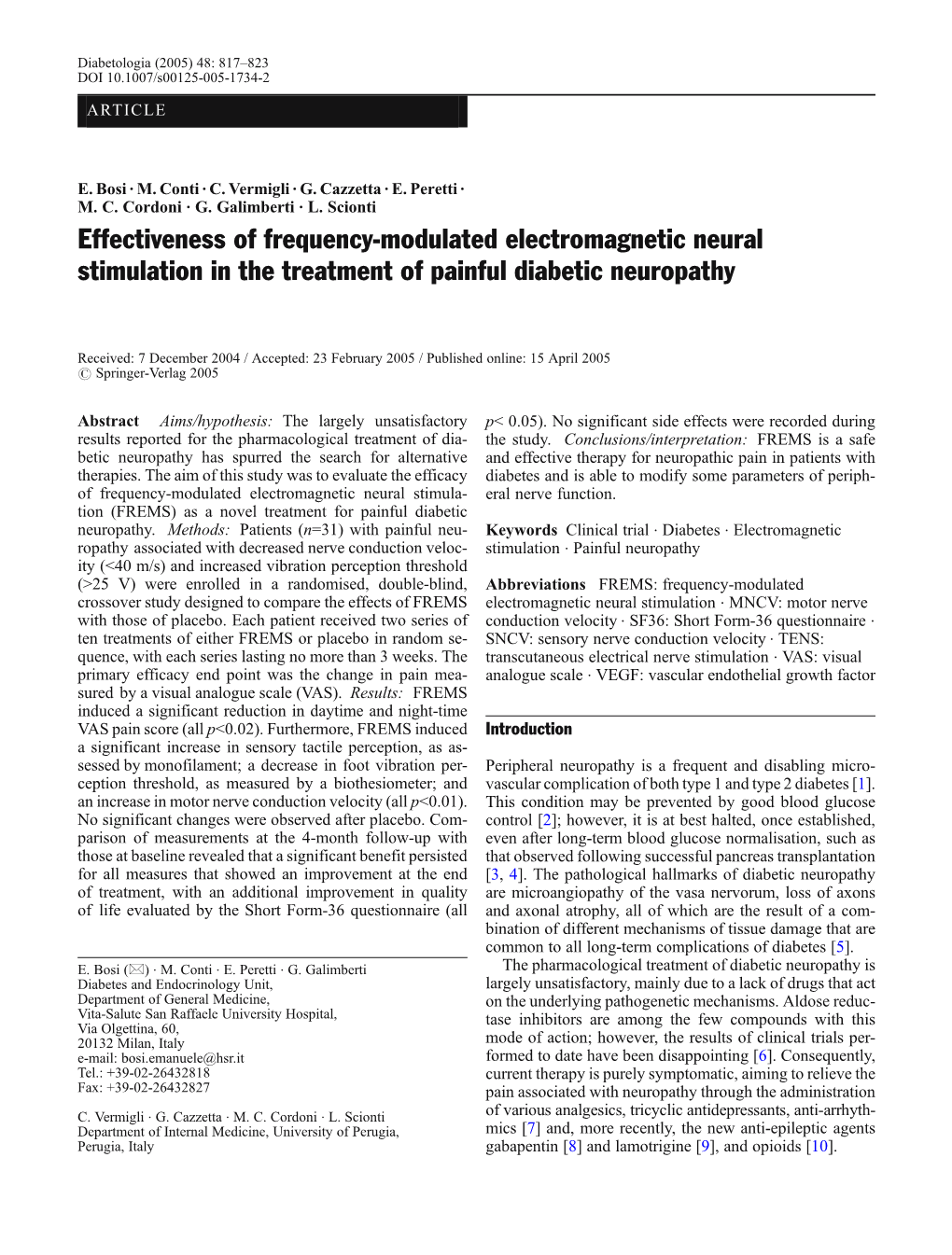 Effectiveness of Frequency-Modulated Electromagnetic Neural Stimulation in the Treatment of Painful Diabetic Neuropathy