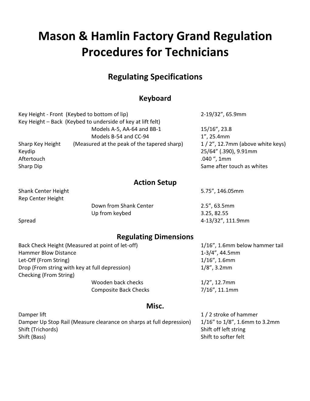 Mason & Hamlin Regulation Procedure