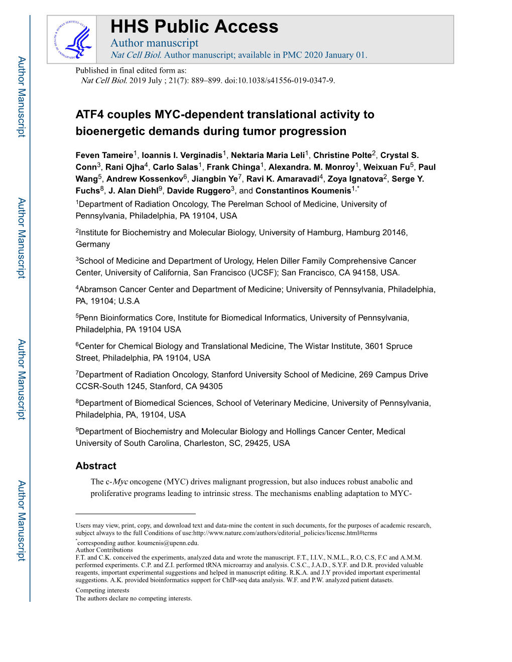 ATF4 Couples MYC-Dependent Translational Activity to Bioenergetic Demands During Tumor Progression