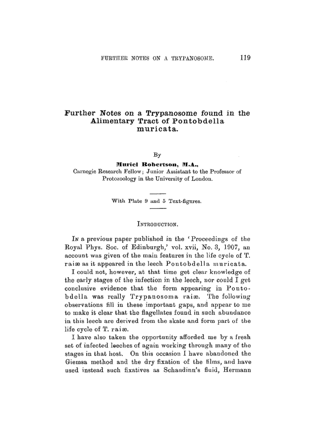 Further Notes on a Trypanosome Found in the Alimentary Tract of Pontobdella Muricata