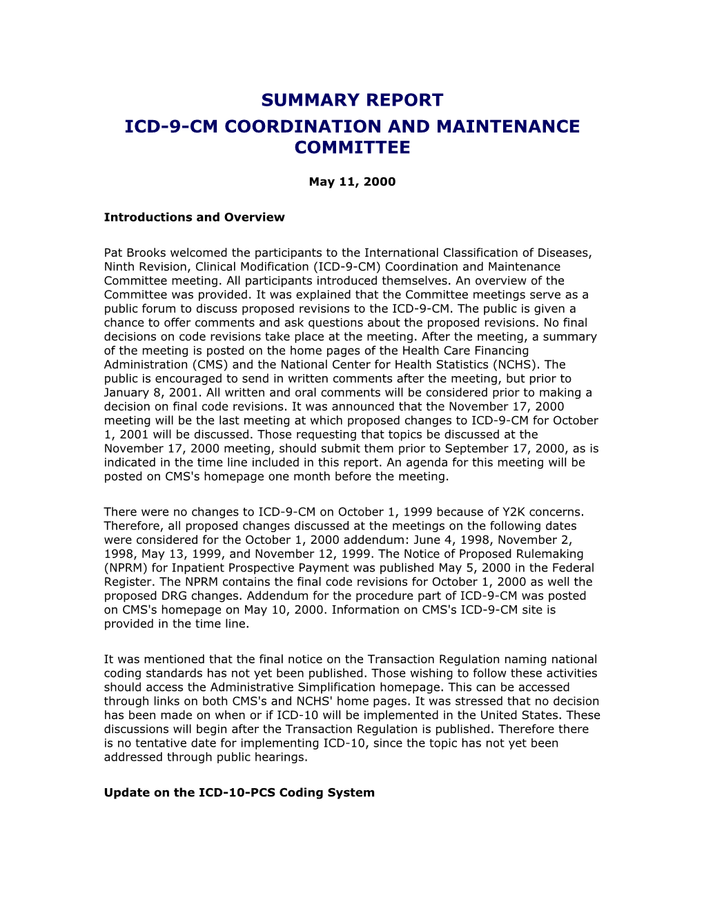 Summary Report Icd-9-Cm Coordination and Maintenance Committee