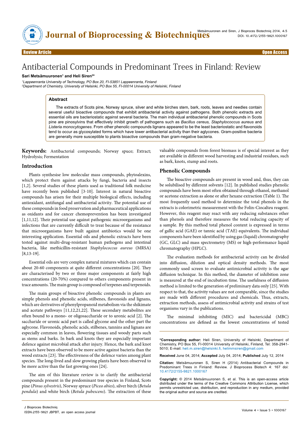 Antibacterial Compounds in Predominant Trees in Finland