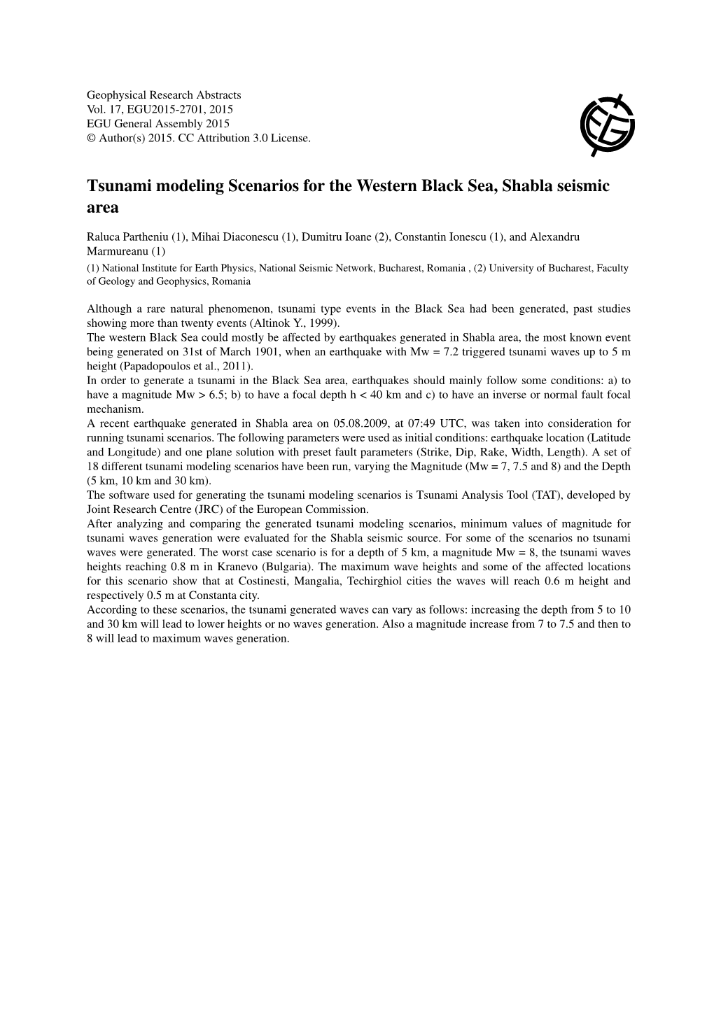 Tsunami Modeling Scenarios for the Western Black Sea, Shabla Seismic Area