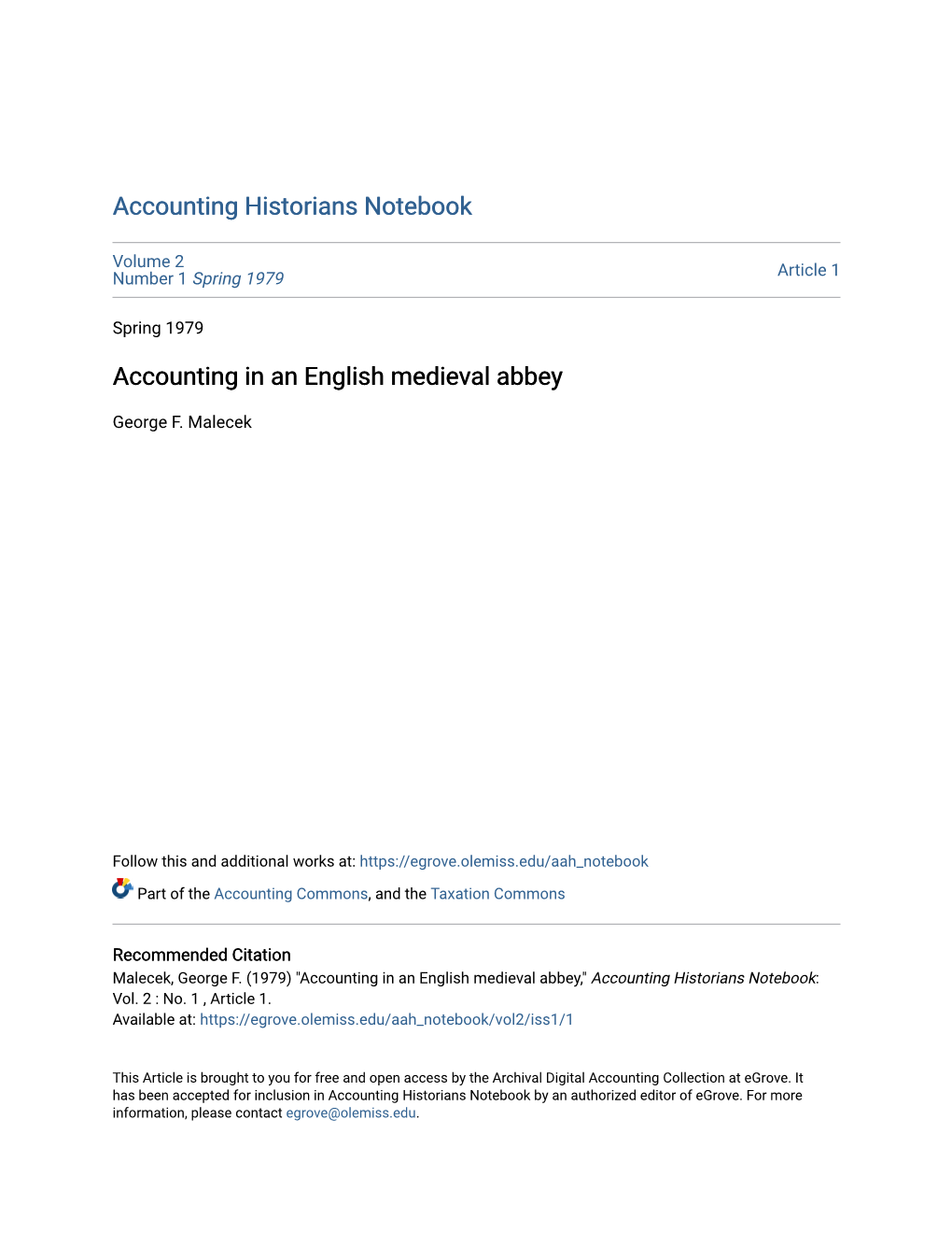 Accounting in an English Medieval Abbey