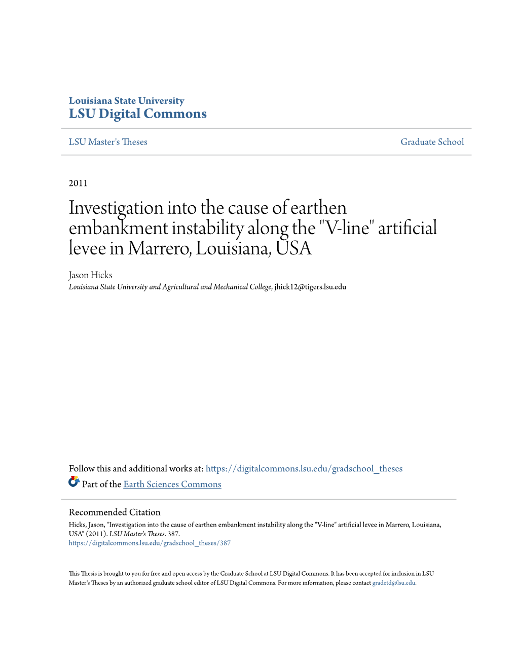 Investigation Into the Cause of Earthen Embankment Instability Along the "V-Line" Artificial Levee in Marrero, Louisia