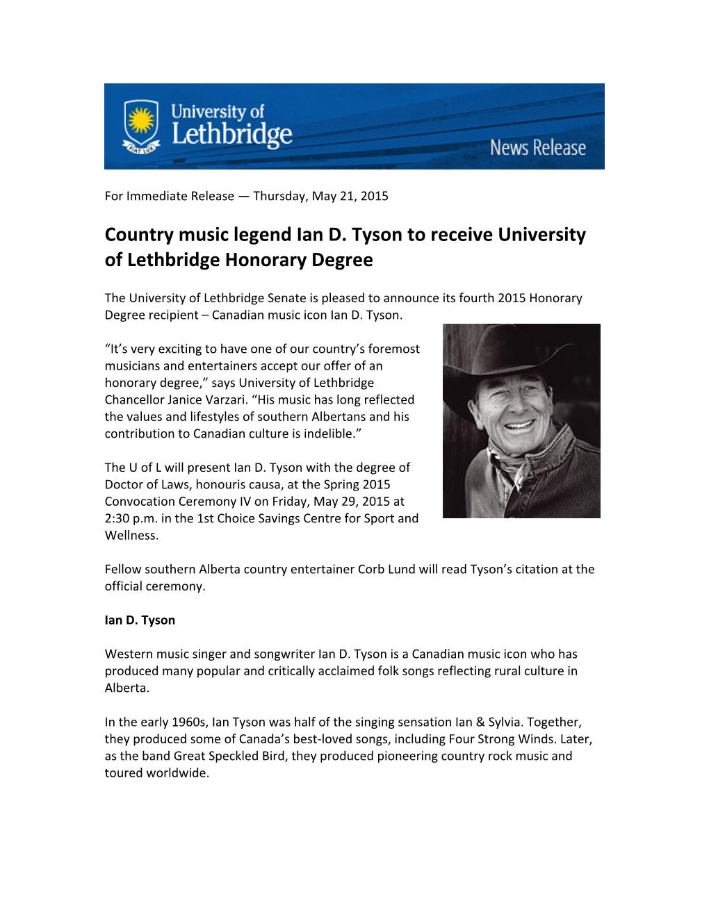 Country Music Legend Ian D. Tyson to Receive University of Lethbridge Honorary Degree