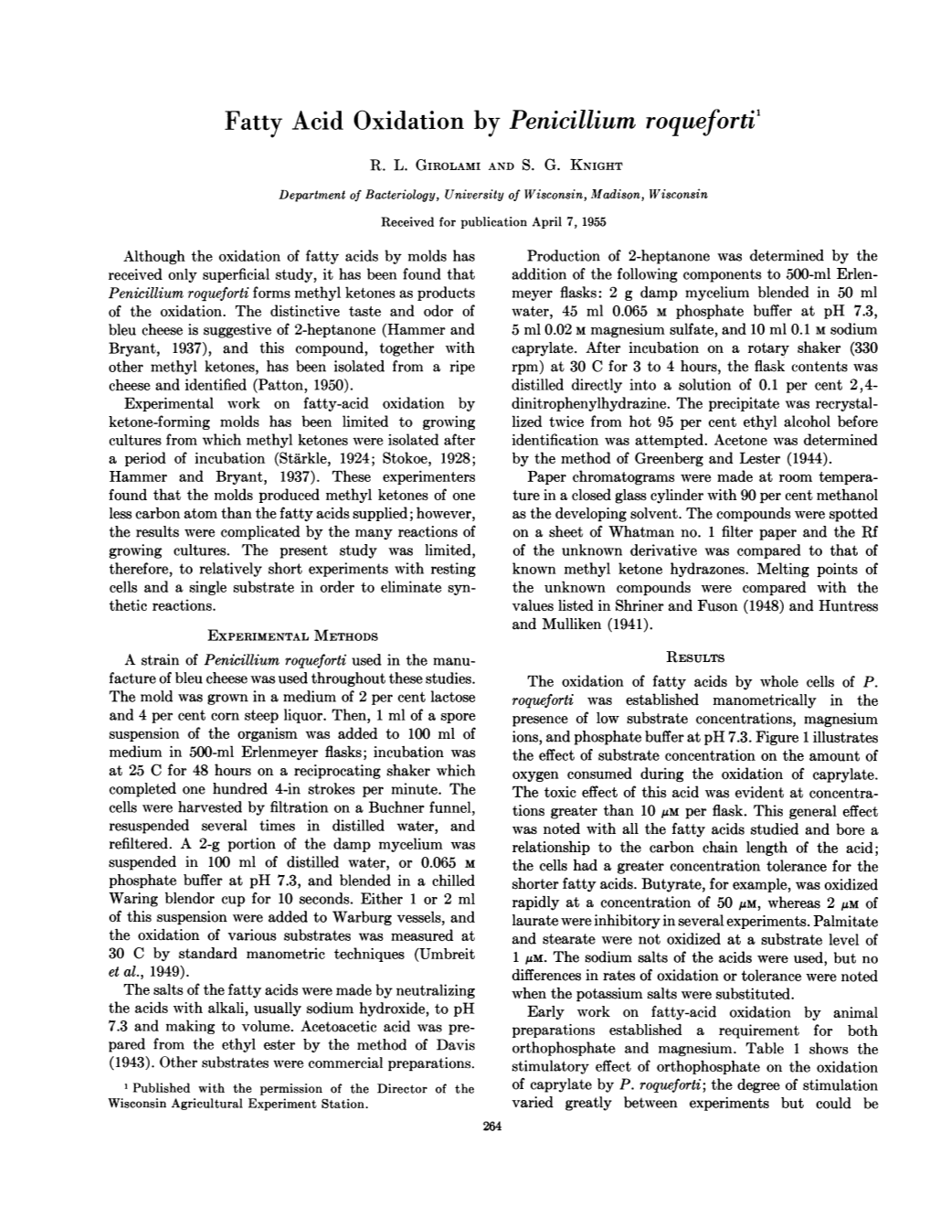 Fatty Acid Oxidation by Penicillium Roqueforti'