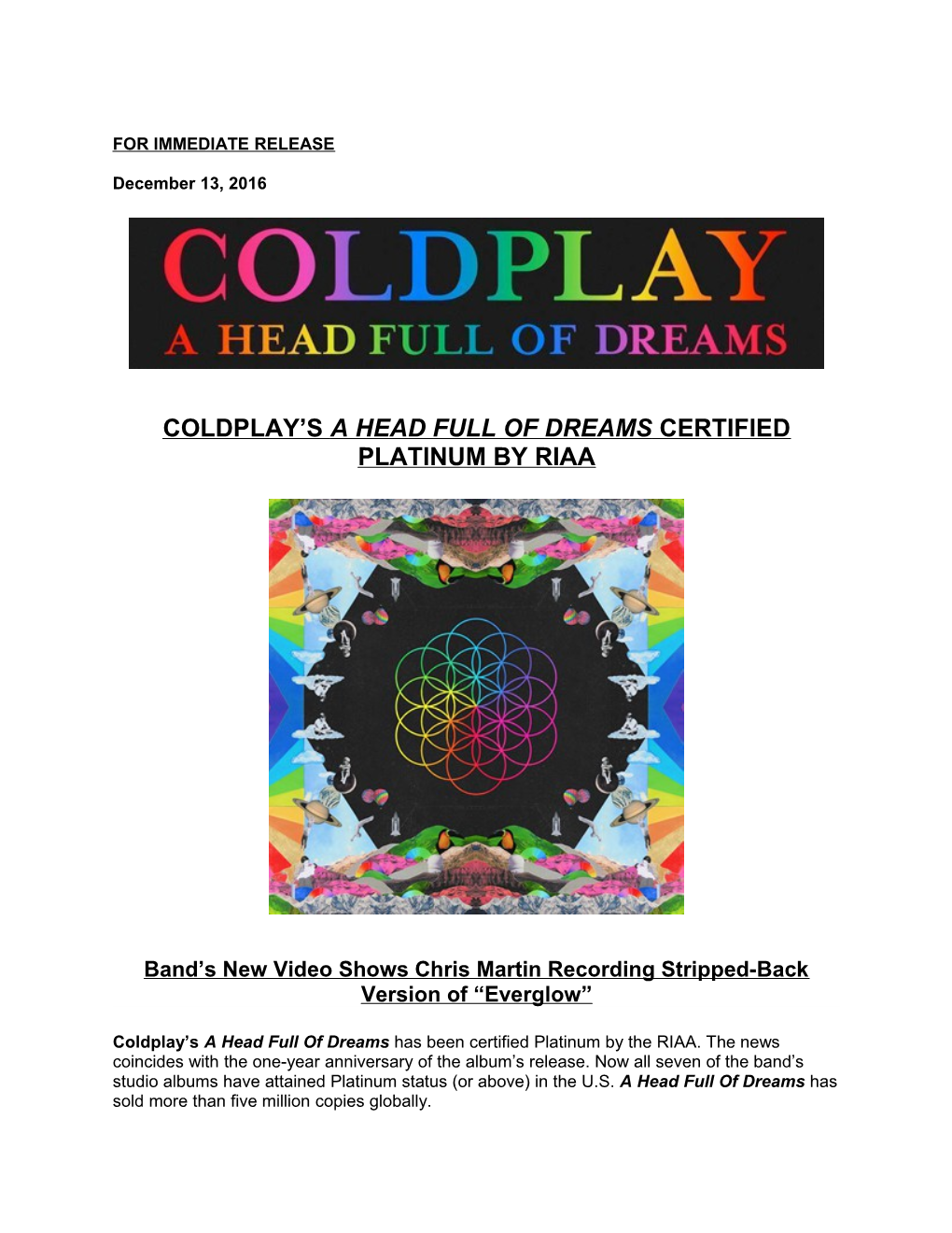 Coldplay S a Head Full of Dreams Certified Platinum by Riaa