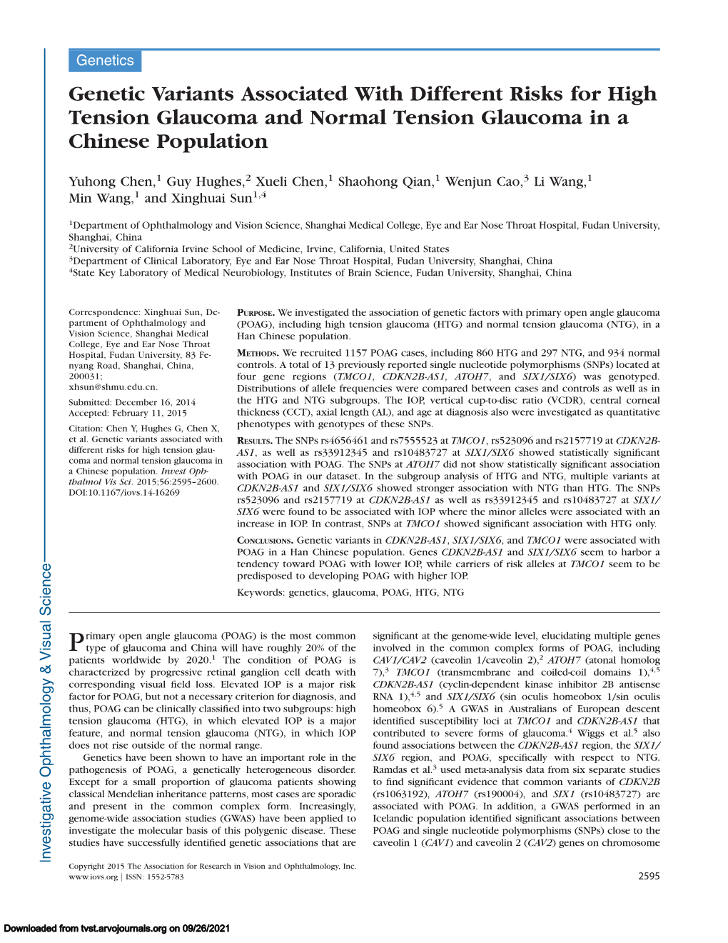 Genetic Variants Associated with Different Risks for High Tension Glaucoma and Normal Tension Glaucoma in a Chinese Population