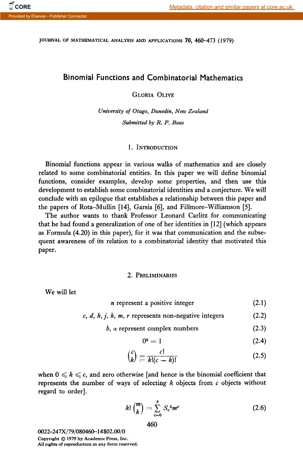 Binomial Functions and Combinatorial Mathematics