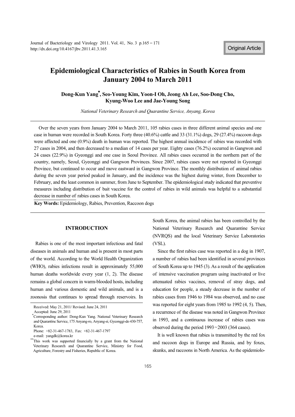 Epidemiological Characteristics of Rabies in South Korea from January 2004 to March 2011