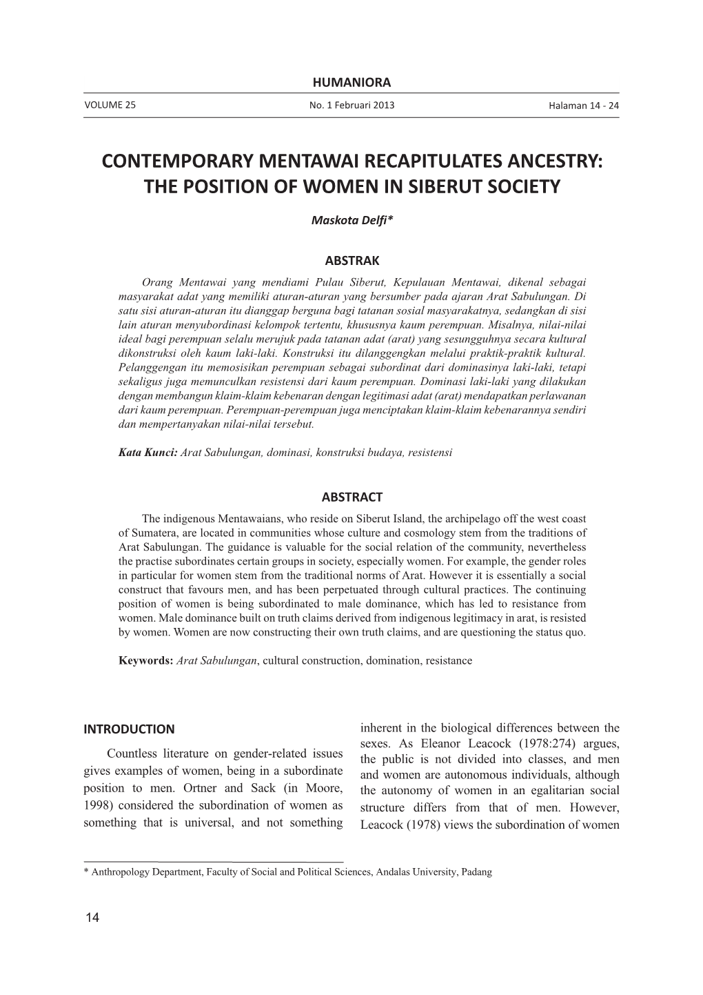 Contemporary Mentawai Recapitulates Ancestry: the Position of Women in Siberut Society