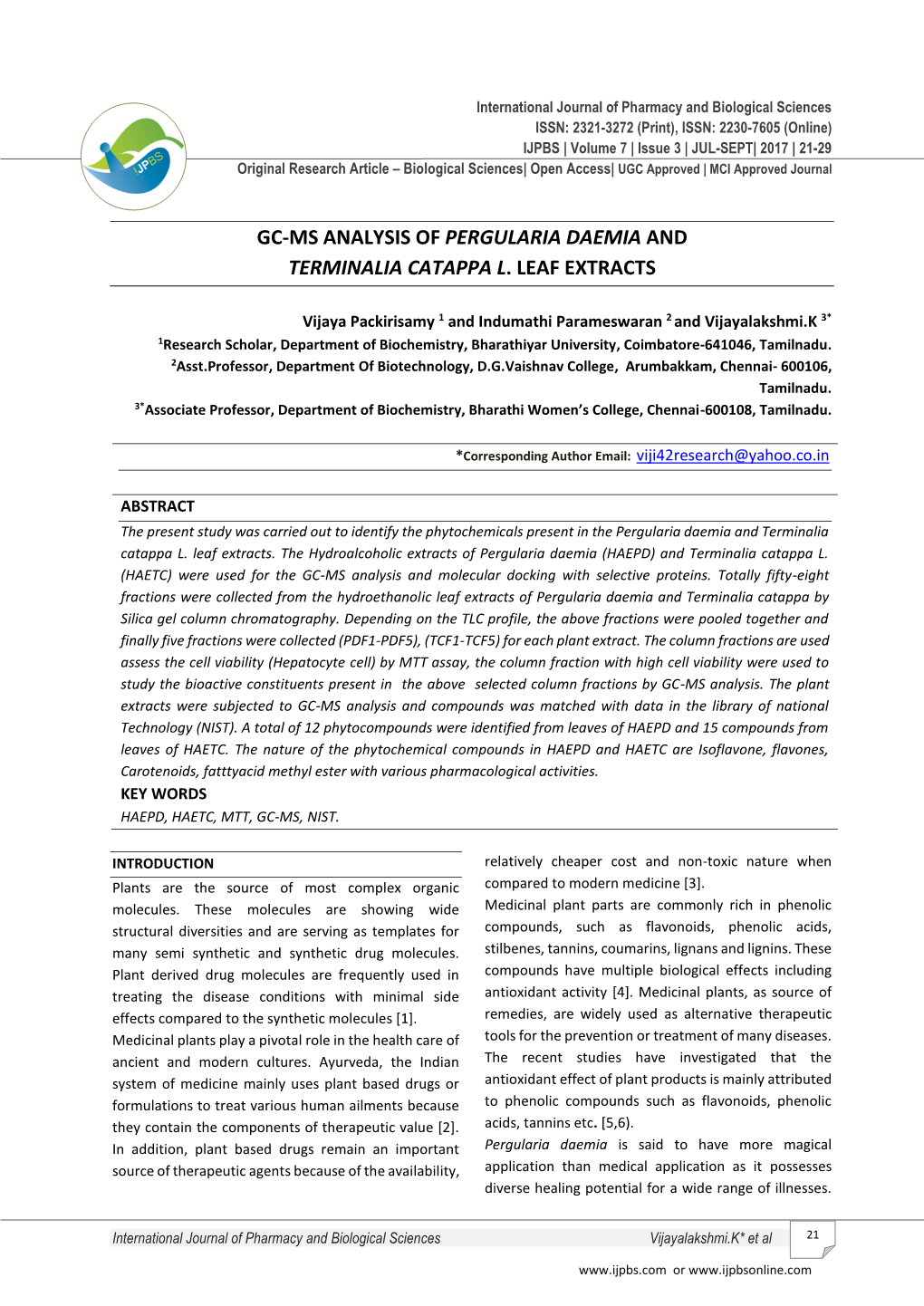 Gc-Ms Analysis of Pergularia Daemia and Terminalia Catappa L. Leaf Extracts