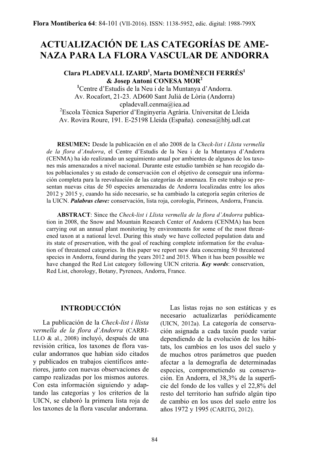Actualización De Las Categorías De Ame- Naza Para La Flora Vascular De Andorra
