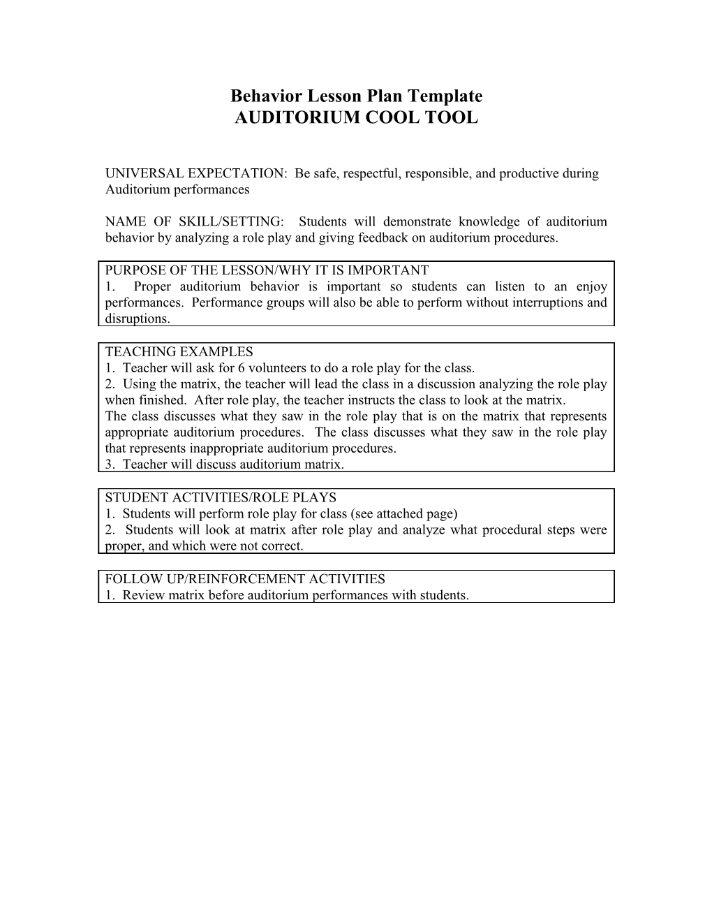 Behavior Lesson Plan Template