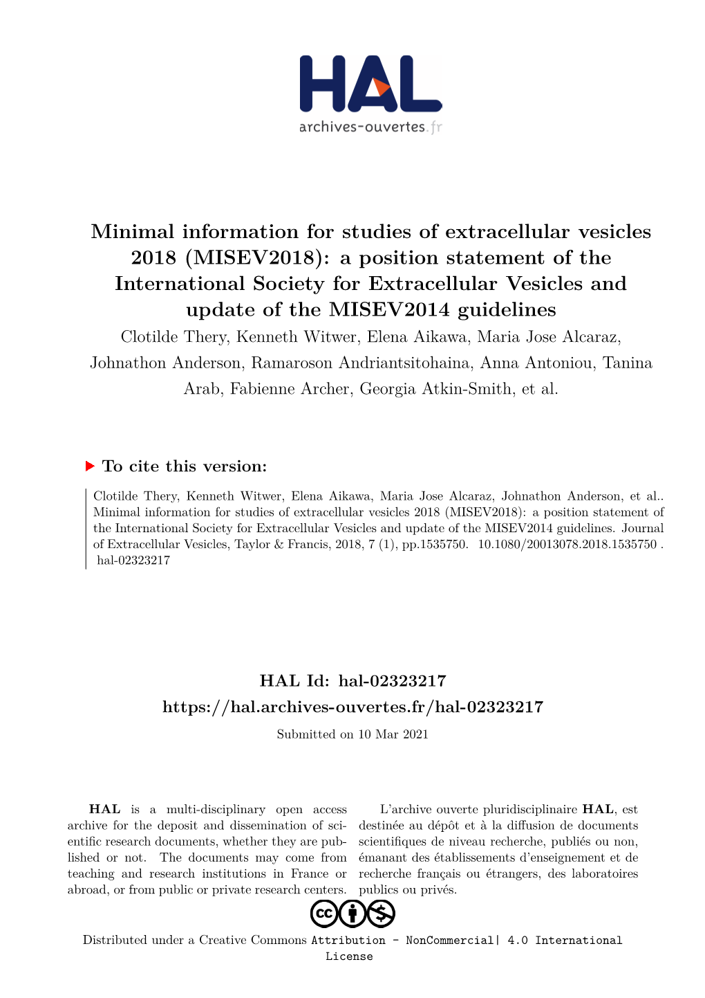 Journal of Extracellular Vesicles, Taylor & Francis, 2018, 7 (1), Pp.1535750