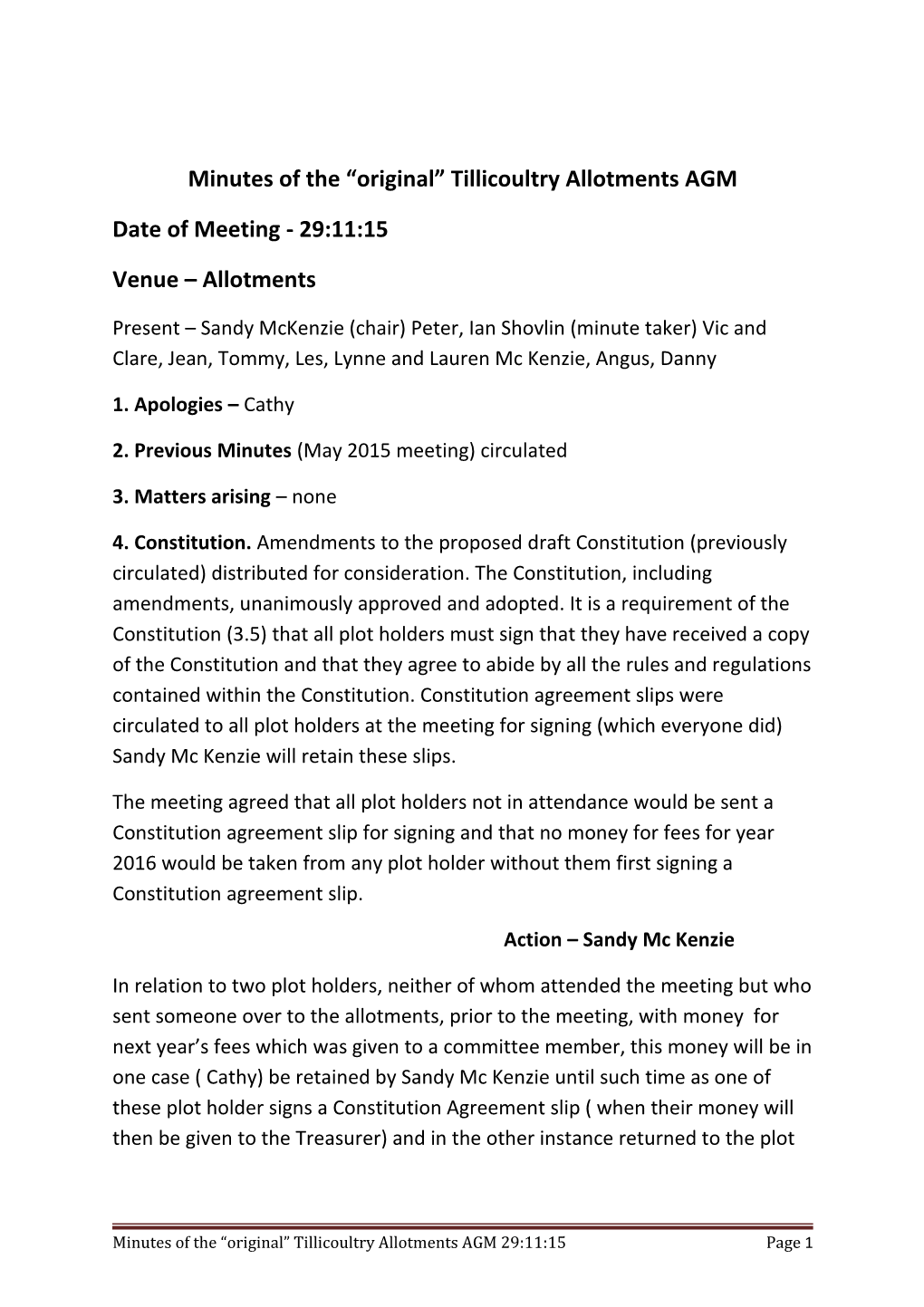 Minutes of the Original Tillicoultry Allotments AGM