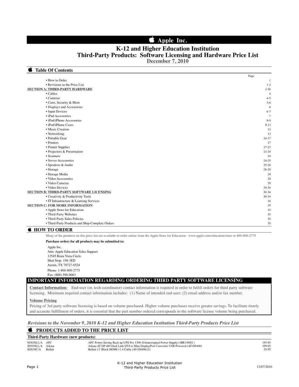 Software Licensing and Hardware Price List