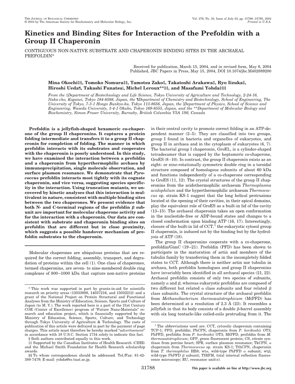 Jbc.Org Interaction of Prefoldin with Group II Chaperonin 31789