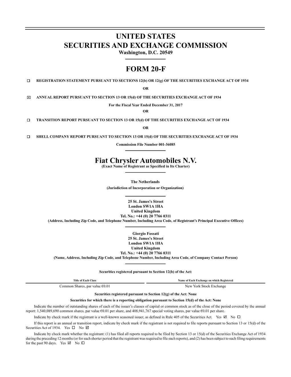 UNITED STATES SECURITIES and EXCHANGE COMMISSION FORM 20-F Fiat Chrysler Automobiles N.V