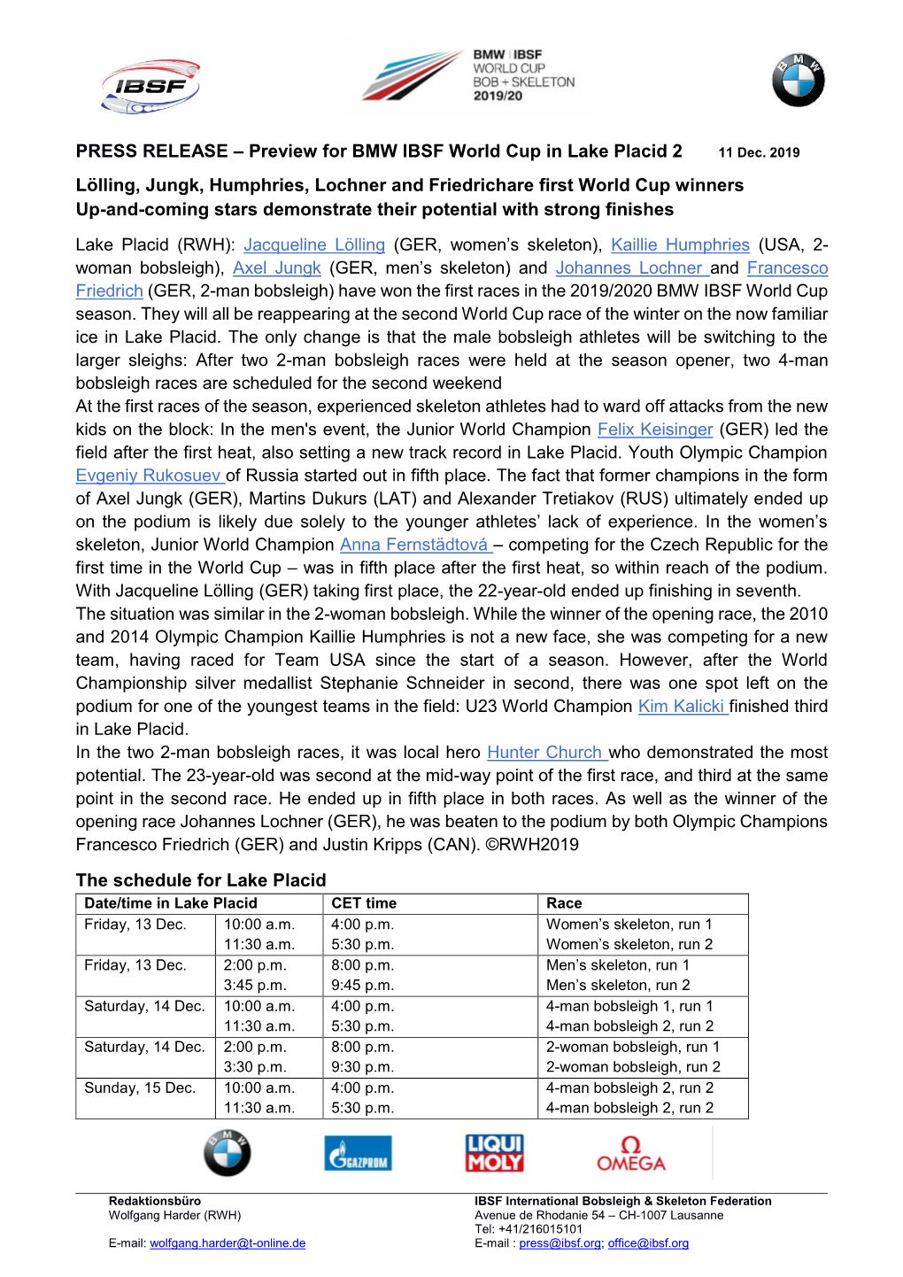 PRESS RELEASE – Preview for BMW IBSF World Cup in Lake Placid 2 11 Dec