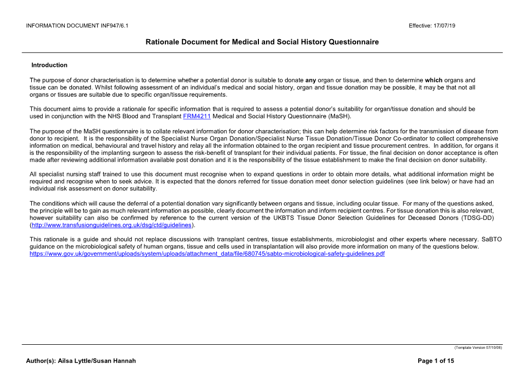 Rationale Document for Medical and Social History Questionnaire