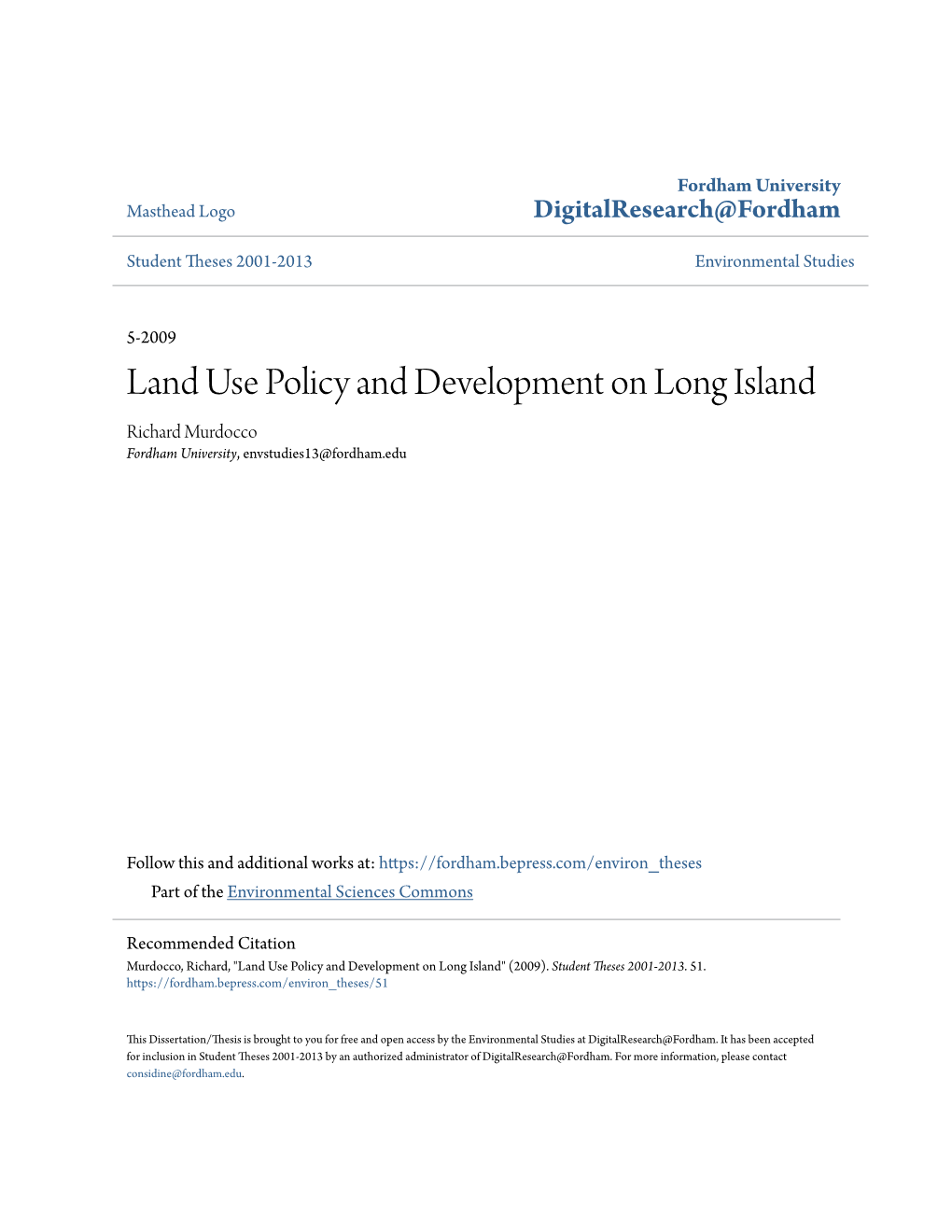 Land Use Policy and Development on Long Island Richard Murdocco Fordham University, Envstudies13@Fordham.Edu