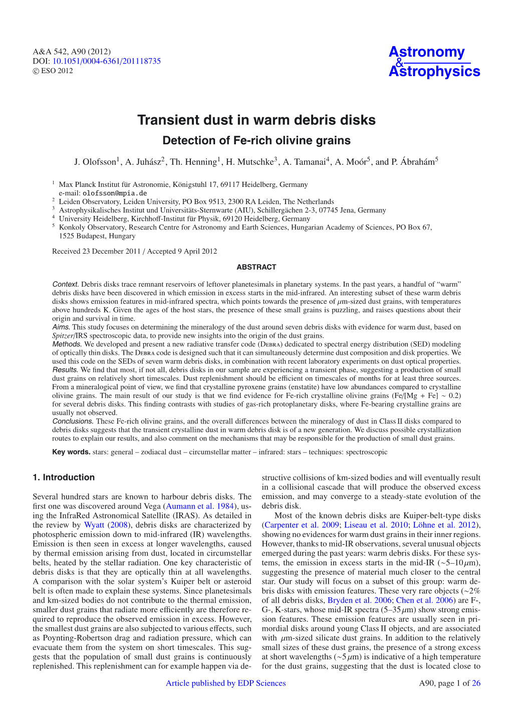 Transient Dust in Warm Debris Disks Detection of Fe-Rich Olivine Grains