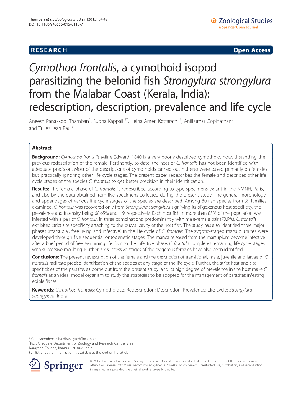 Cymothoa Frontalis, a Cymothoid Isopod Parasitizing the Belonid Fish