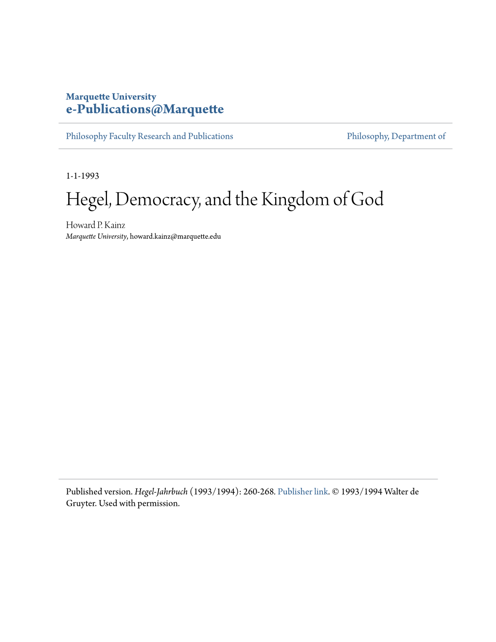 Hegel, Democracy, and the Kingdom of God Howard P