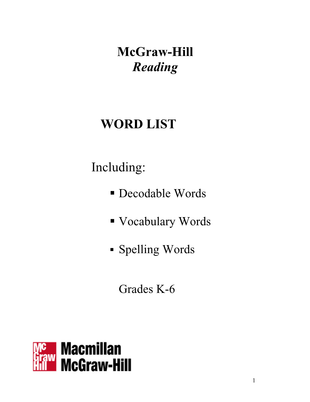 Mcgraw-Hill Reading WORD LIST Including