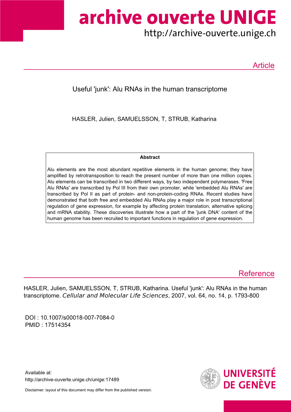 Useful 'Junk': Alu Rnas in the Human Transcriptome