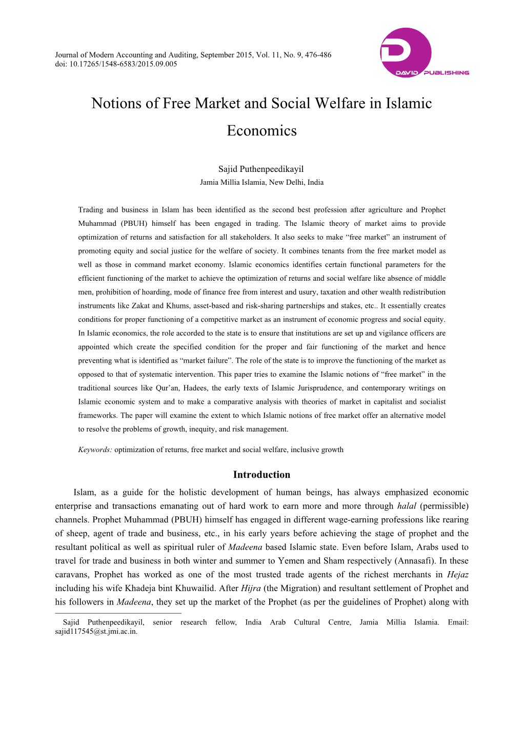 Notions of Free Market and Social Welfare in Islamic Economics