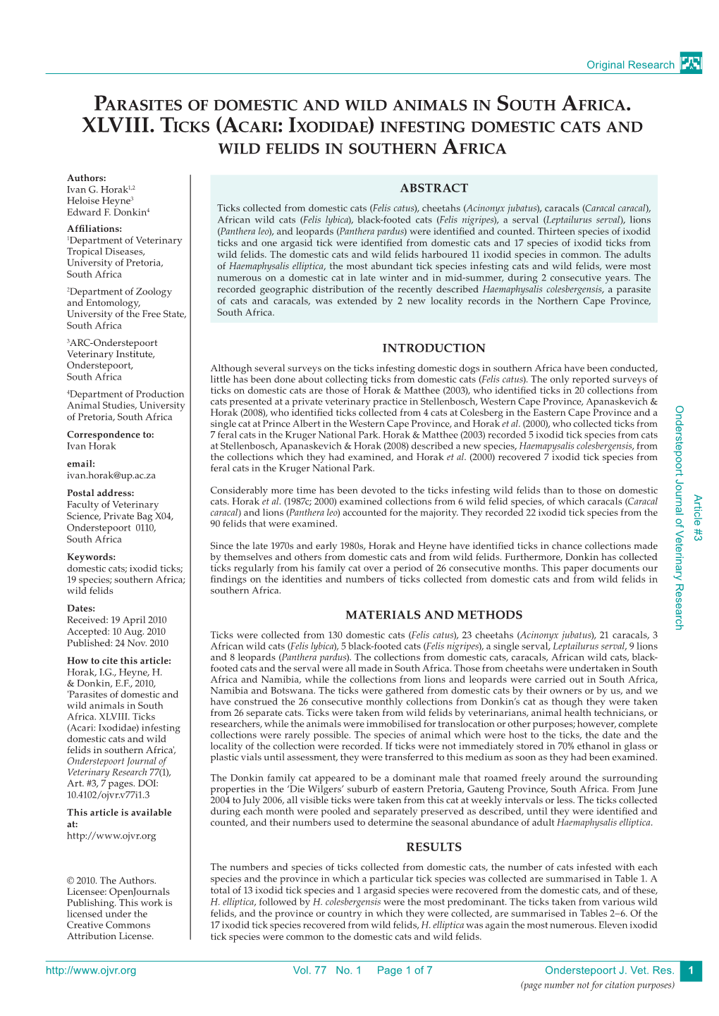 (Acari: Ixodidae) Infesting Domestic Cats and Wild Felids in Southern Africa', Horak, Heyne, I.G., H