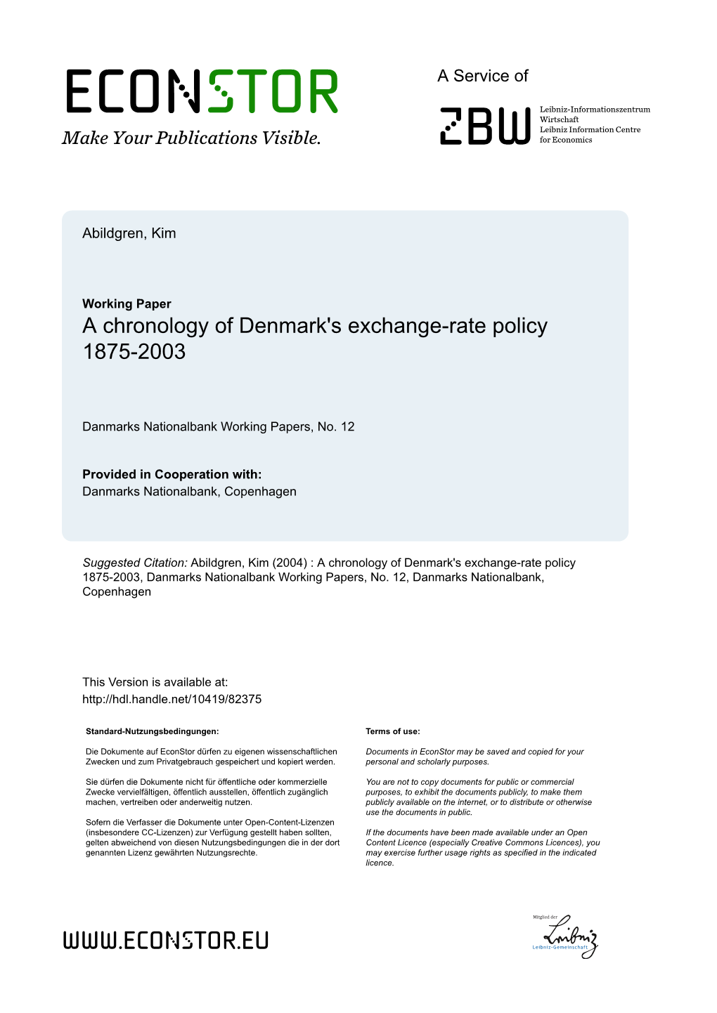 A Chronology of Denmark's Exchange-Rate Policy 1875-2003