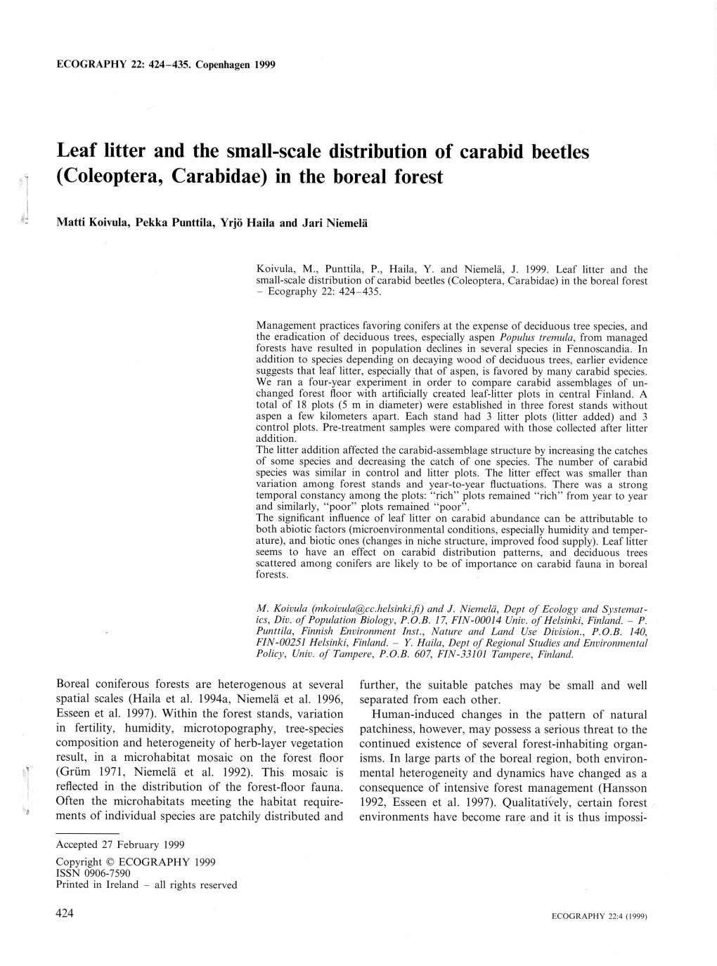 Leaf Litter and the Small-Scale Distribution of Carabid Beetles