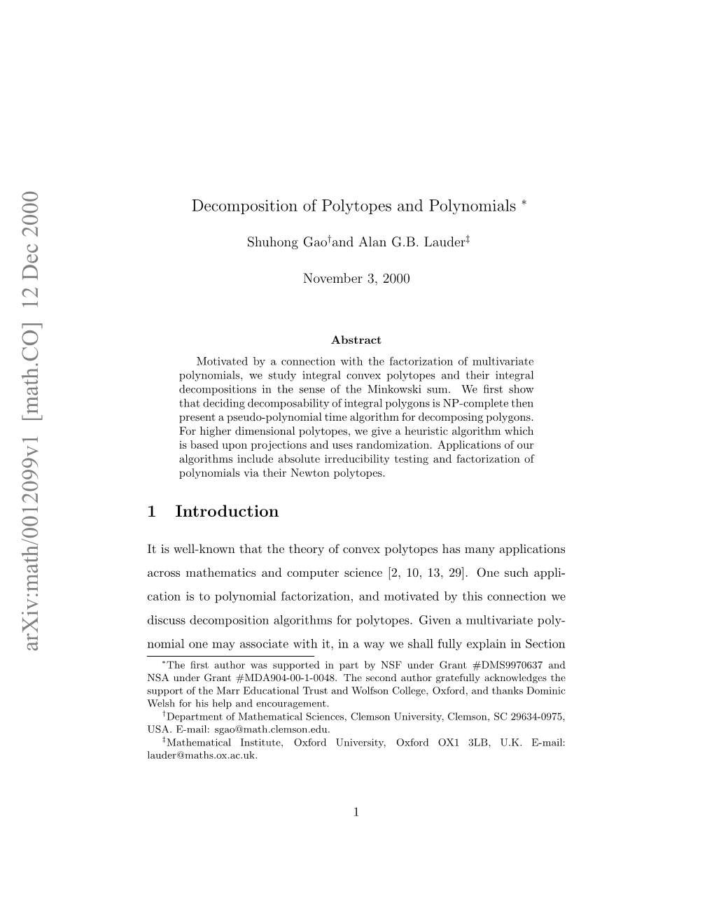 Arxiv:Math/0012099V1 [Math.CO] 12 Dec 2000 Oiloemyascaewt T Nawyw Hl Ul Expla Fully Shall We Way a in It, with Associate May Mu One a Nomial Given Polytopes