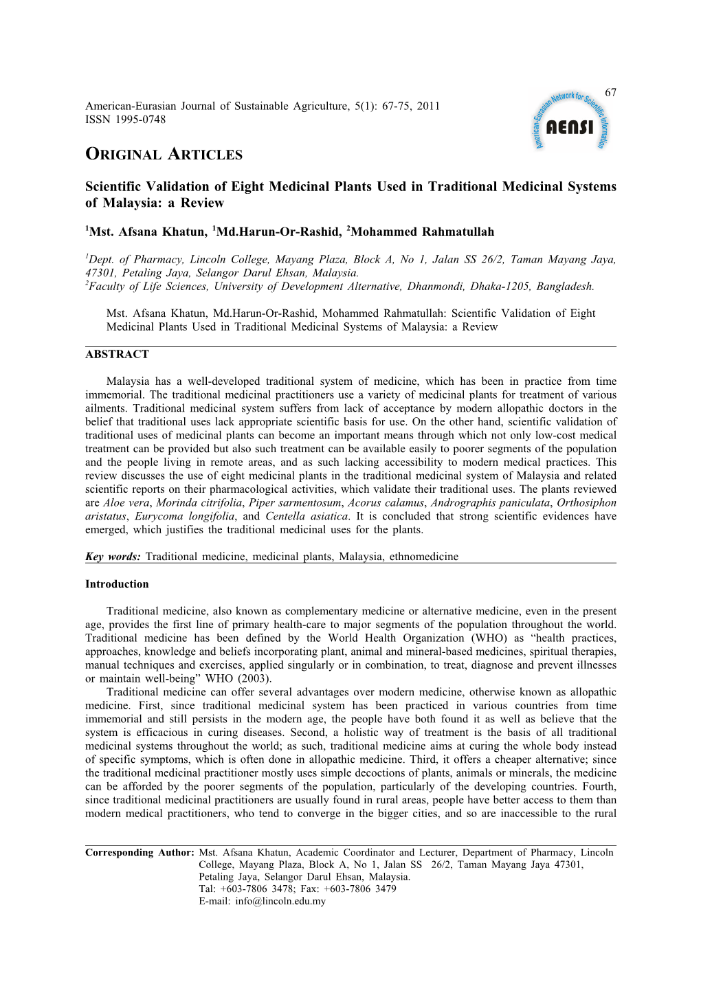 Scientific Validation of Eight Plants Used in Traditional Medicinal System