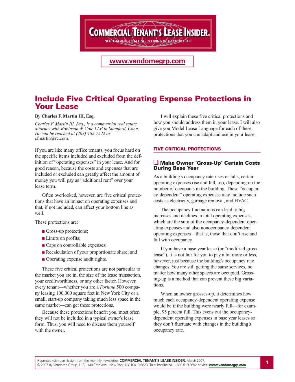 Include Five Critical Operating Expense Protections in Your Lease by Charles F