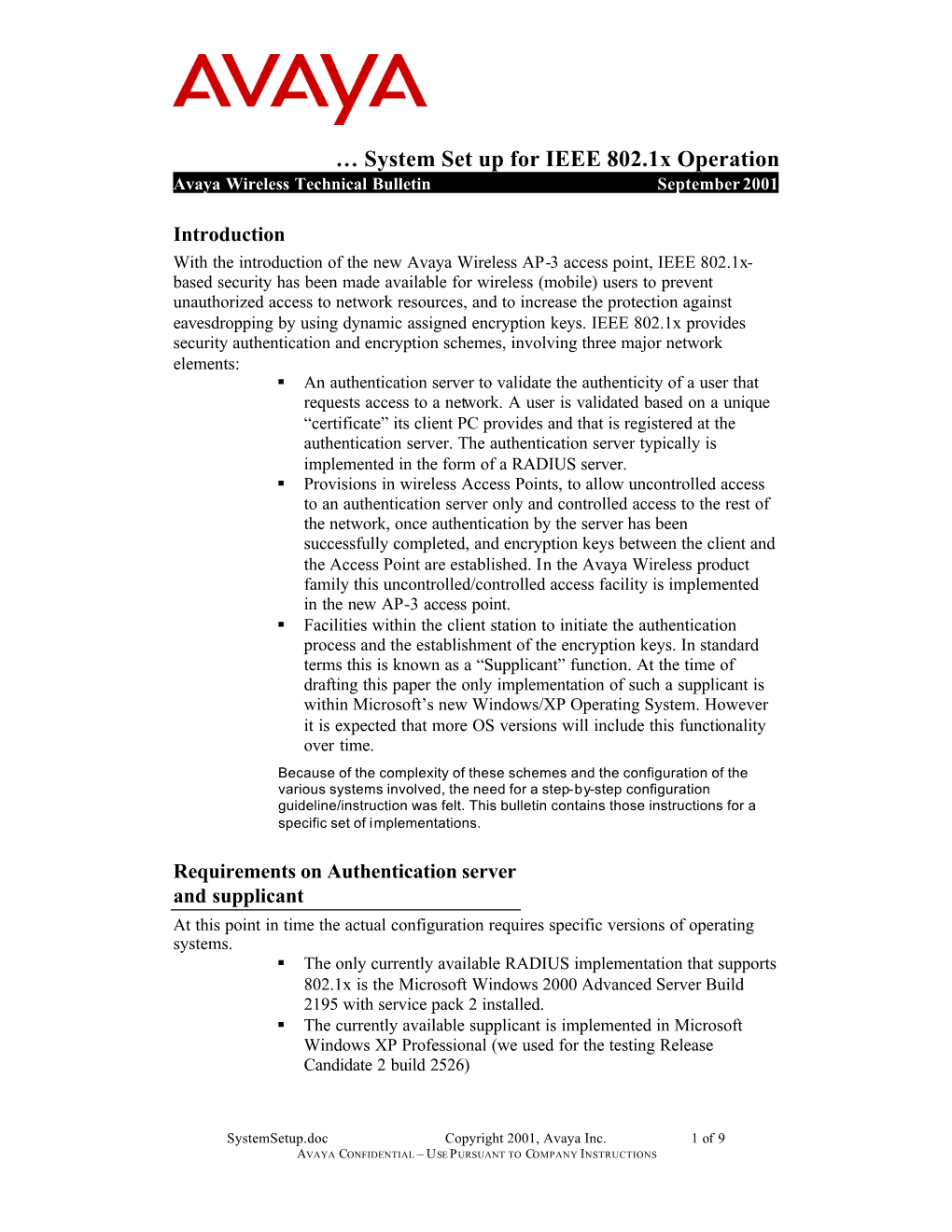 … System Set up for IEEE 802.1X Operation Avaya Wireless Technical Bulletin September 2001