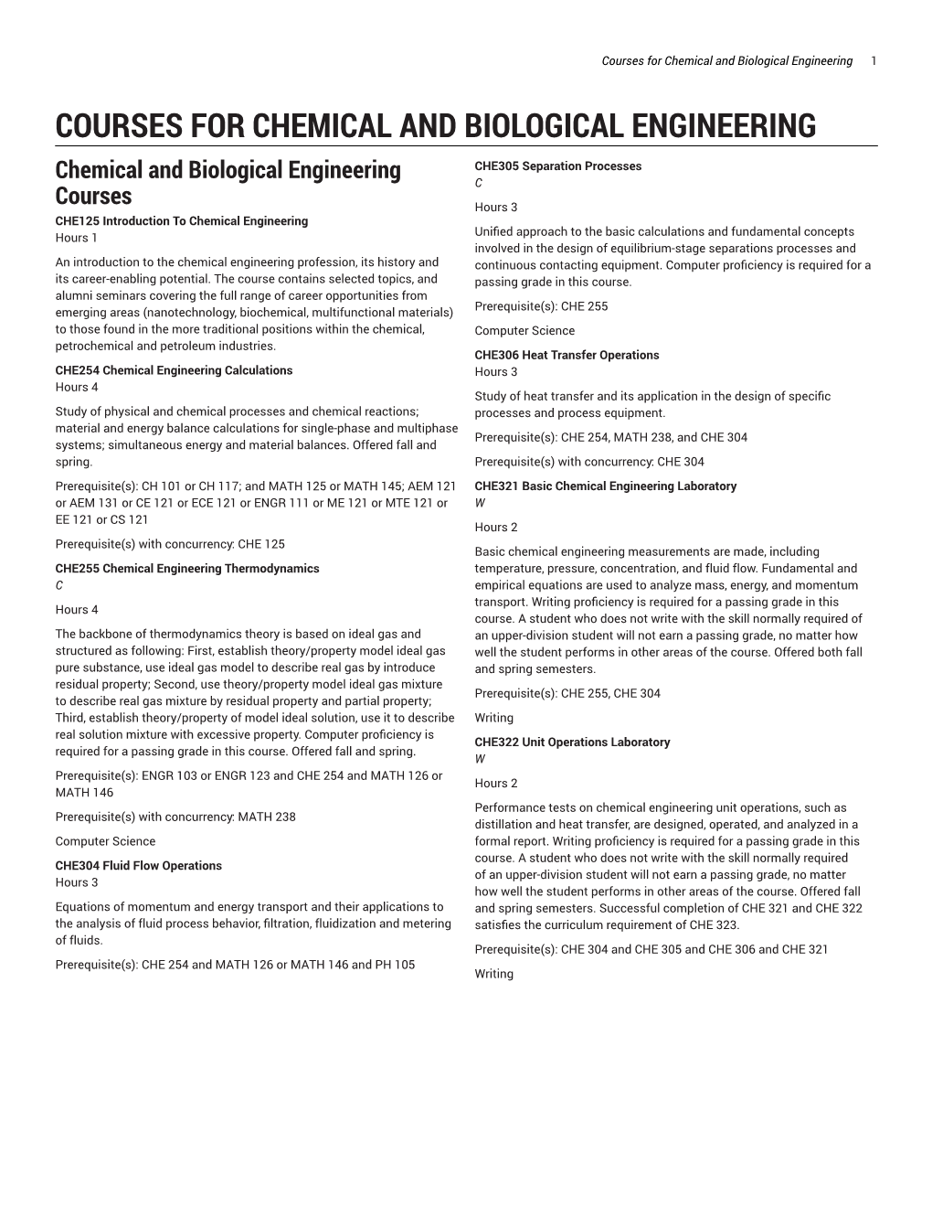 Courses for Chemical and Biological Engineering 1