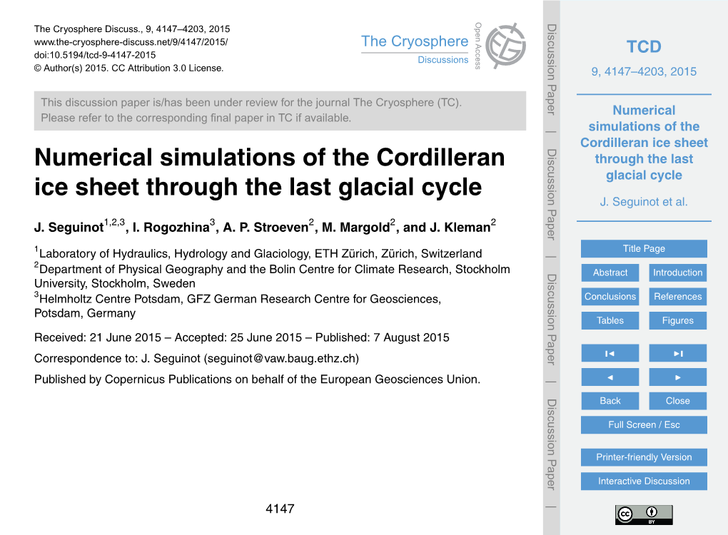 Numerical Simulations of the Cordilleran Ice Sheet