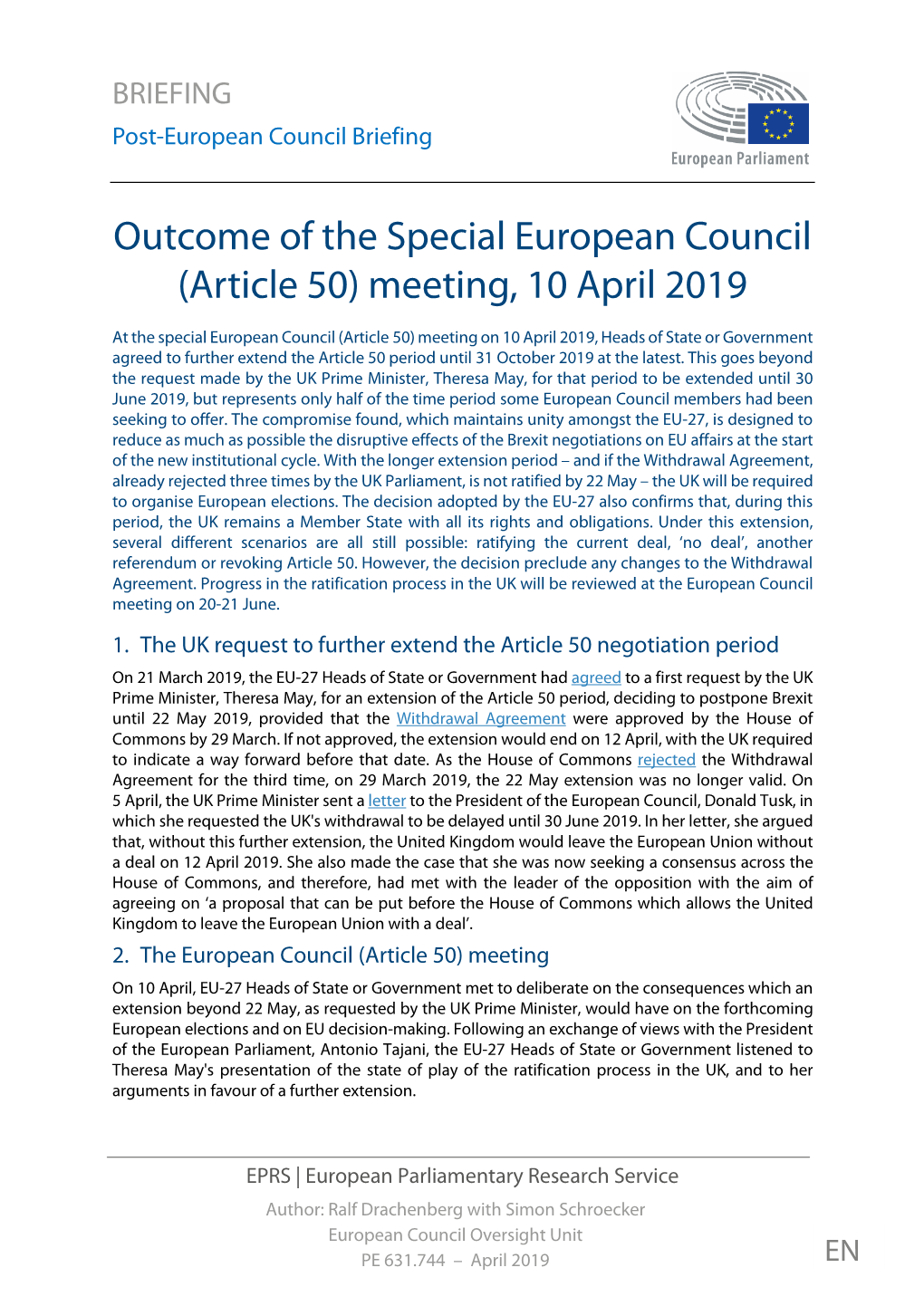 Outcome of the Special European Council (Article 50) Meeting, 10 April 2019