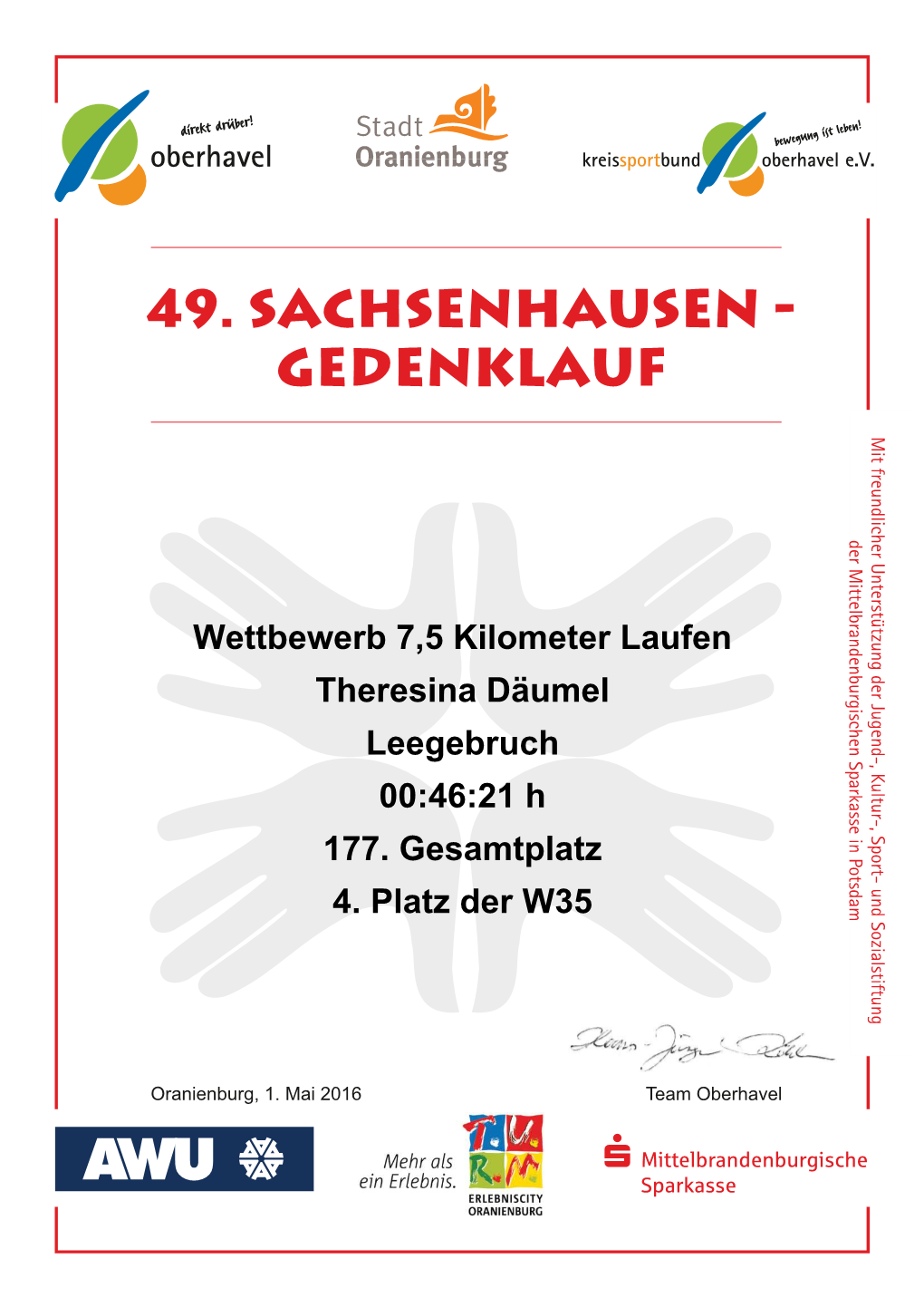 49. Sachsenhausen-Gedenklauf - 01.05.2016 - 7,5 Kilometer Laufen