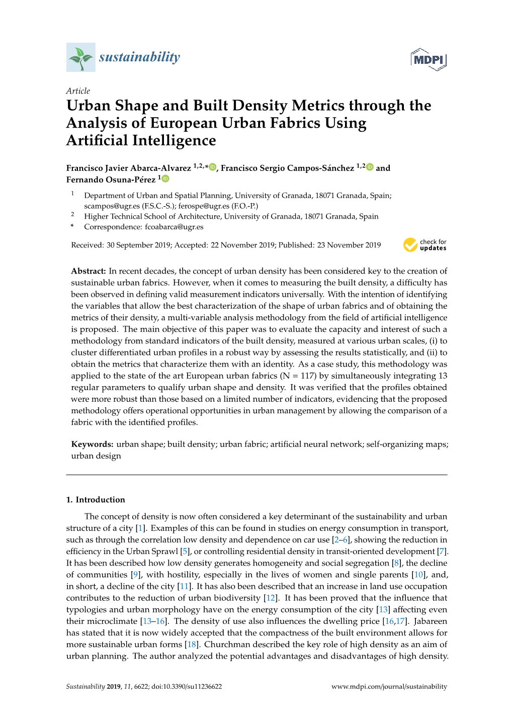 Urban Shape and Built Density Metrics Through the Analysis of European Urban Fabrics Using Artiﬁcial Intelligence