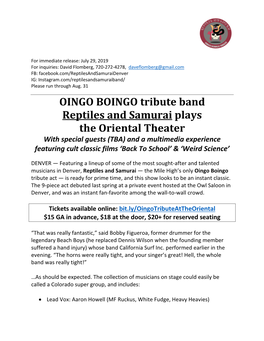 OINGO BOINGO Tribute Band Reptiles and Samurai Plays the Oriental