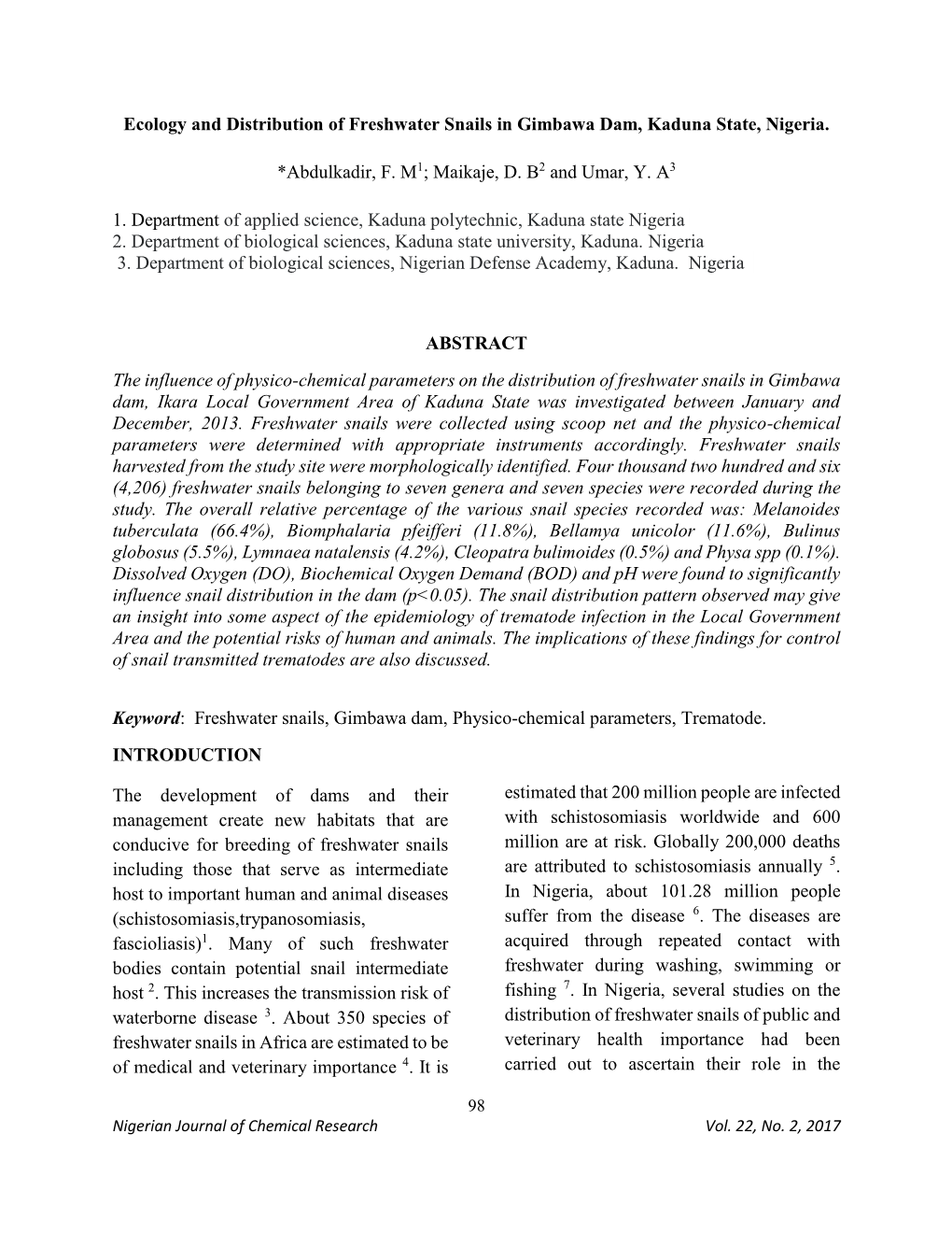 Ecology and Distribution of Freshwater Snails in Gimbawa Dam, Kaduna State, Nigeria